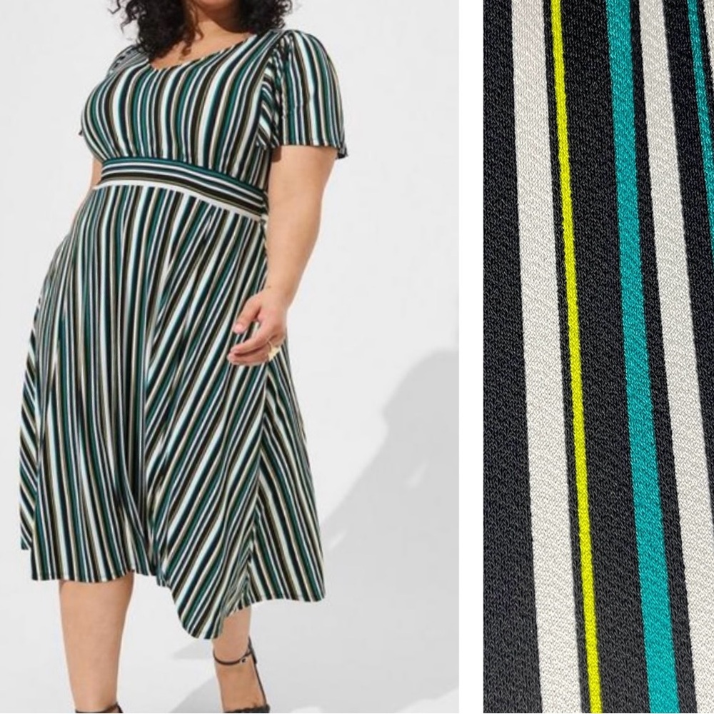 torrid Multi-Stripe Fit & Flare Midi Dress in Black, White, Teal & Lime